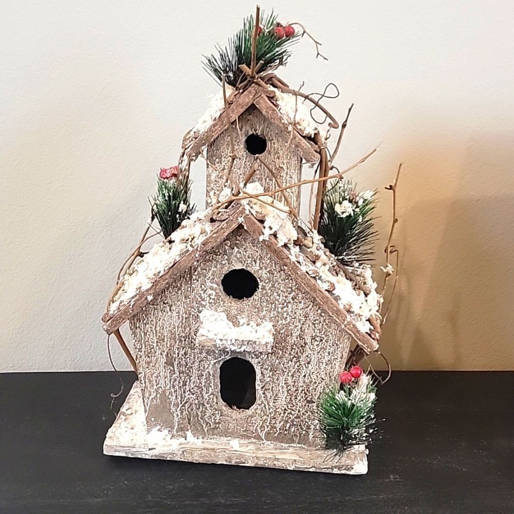 Rustic Christmas birdhouse with working door Handcrafted